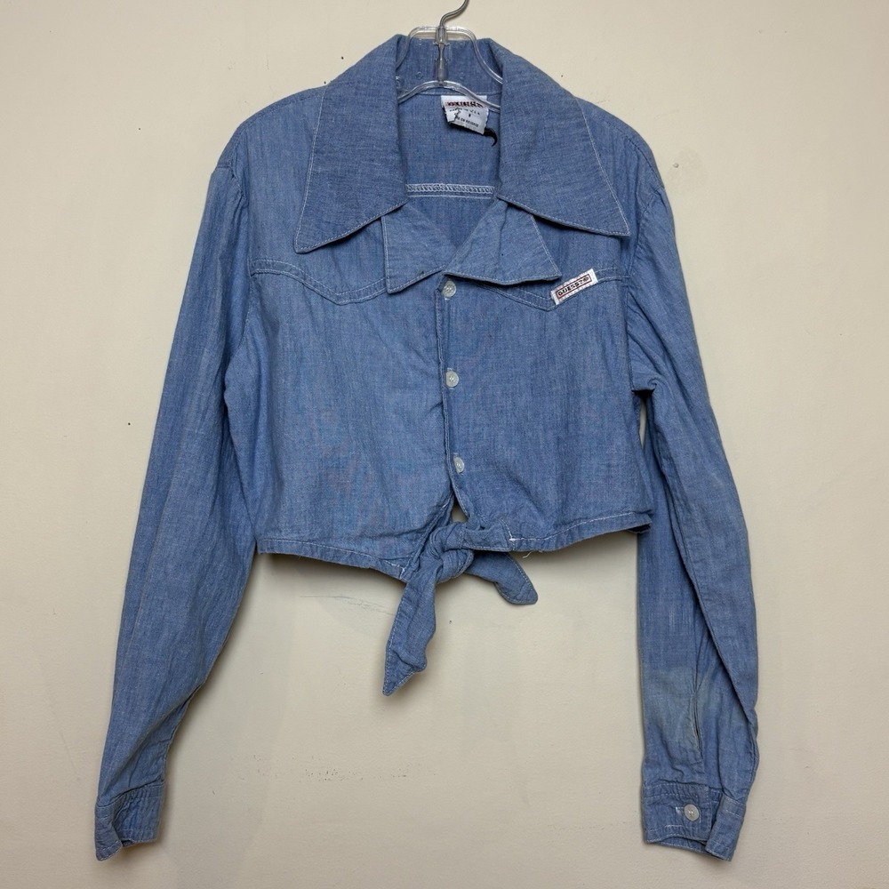 Vintage Guess Girls Button Up Cropped Tie Shirt Medium 90s Denim Chambray